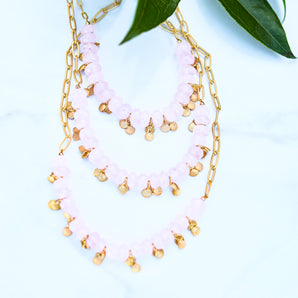 Rose Quartz Gem Electroplated Gold Necklace