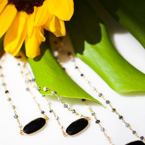 Black Onyx and Dendritic Agate Pebble Gem Necklace