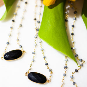 Black Onyx and Dendritic Agate Pebble Gem Necklace